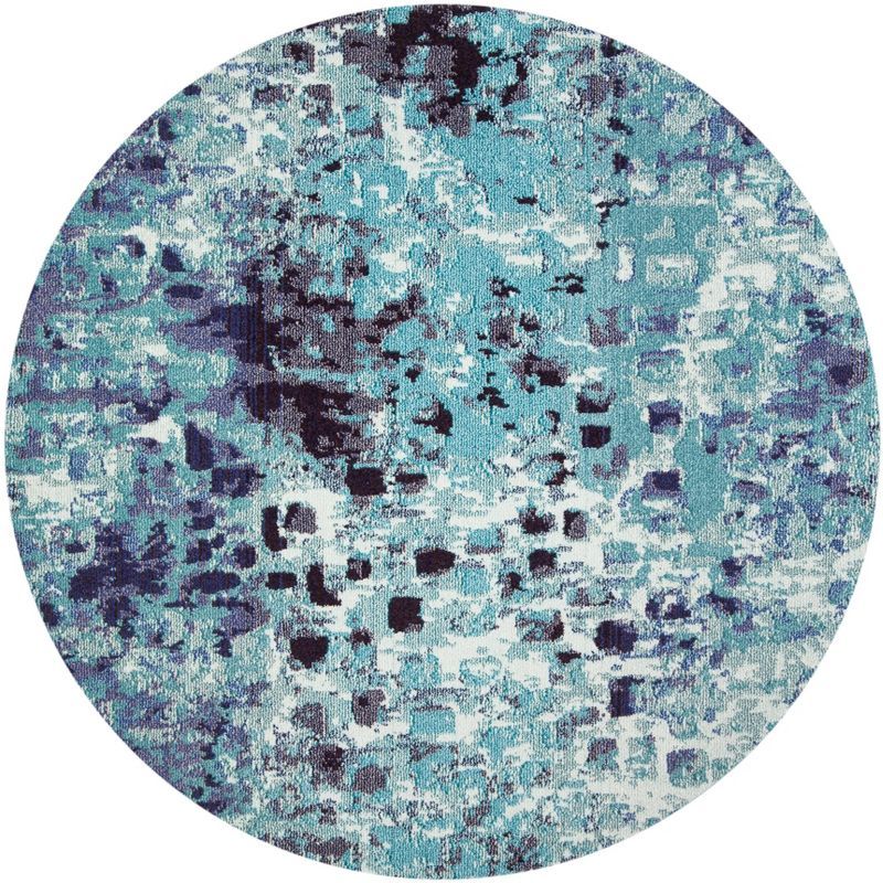 Turquoise and Navy Abstract Round Synthetic Area Rug
