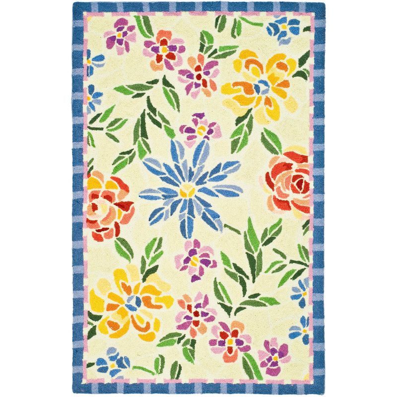 Ivory Floral Hand-Hooked Wool Area Rug 2'6" x 4'