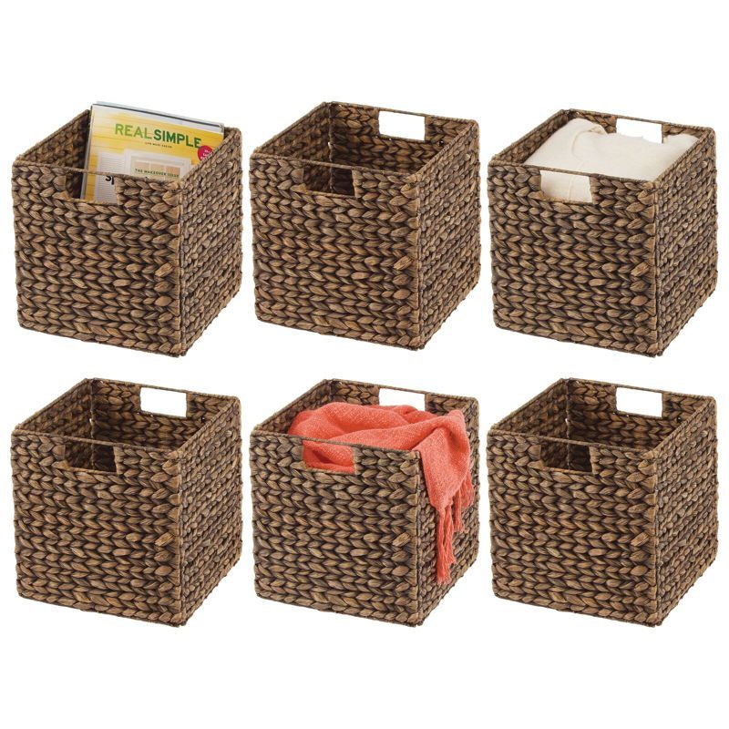 Brown Wash Seagrass Woven Cube Storage Baskets with Handles, Set of 6