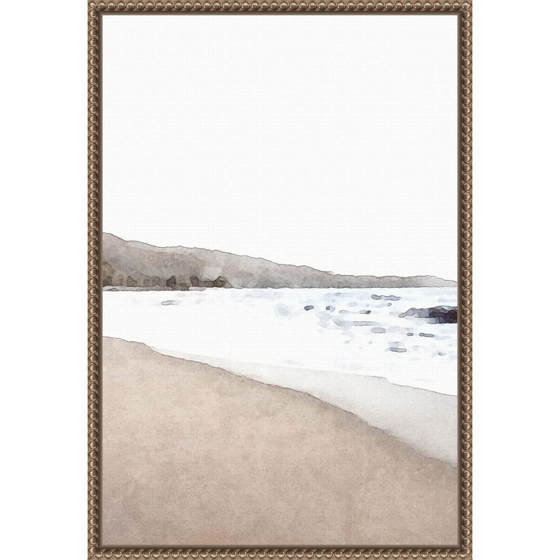 Serene Coastal Watercolor Beach Scene on Canvas with Bronze Frame