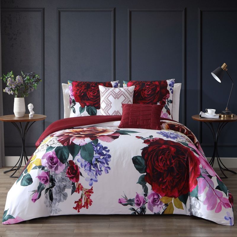 King Size Reversible Cotton Floral Comforter Set in Purple and Red