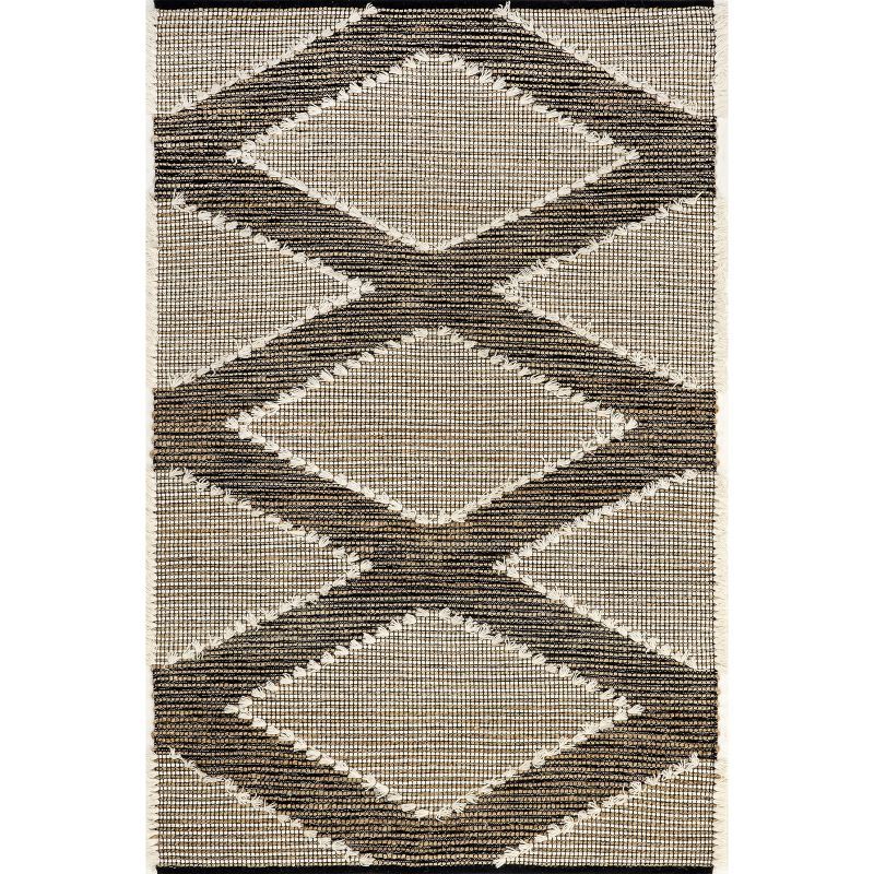 Handmade Geometric Wool and Cotton Rectangular Rug, 5' x 8', Natural