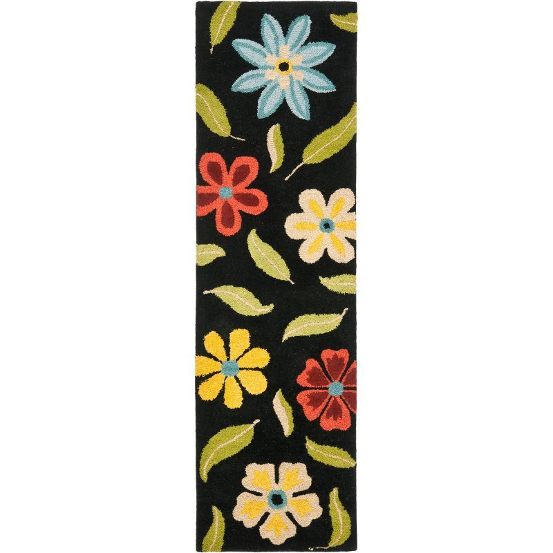 Handmade Black Floral Wool Runner Rug 2'3" x 6'