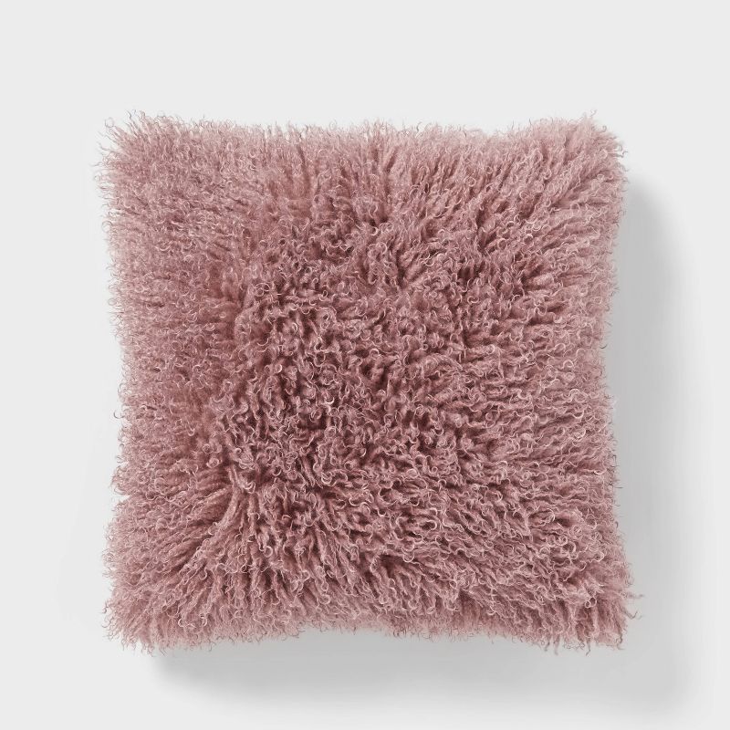 Mauve Faux Mongolian Fur Square Decorative Pillow