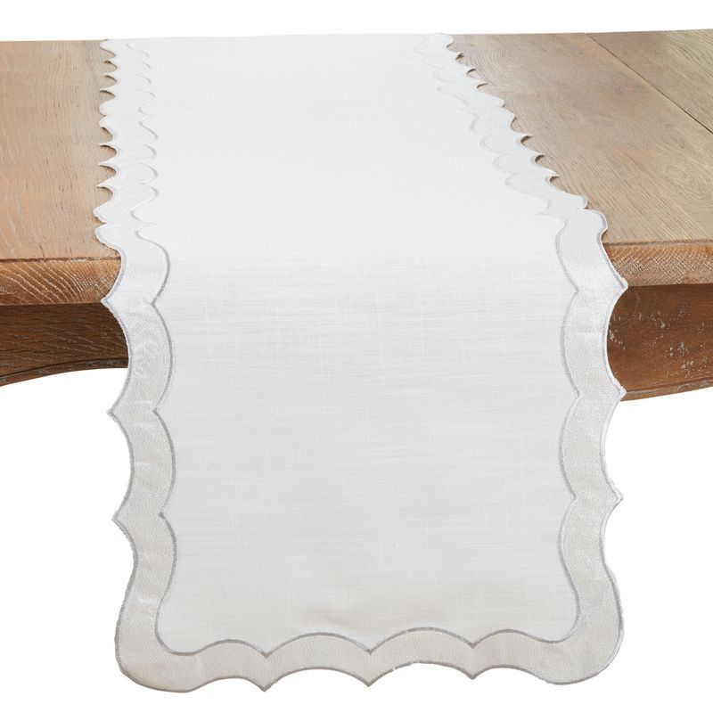 Elegant White and Silver Scallop Edge Polyester Table Runner