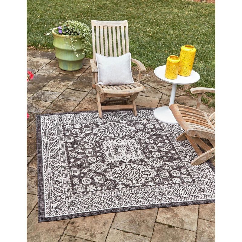 Charcoal Gray and Ivory 8 ft Square Outdoor Aztec Rug