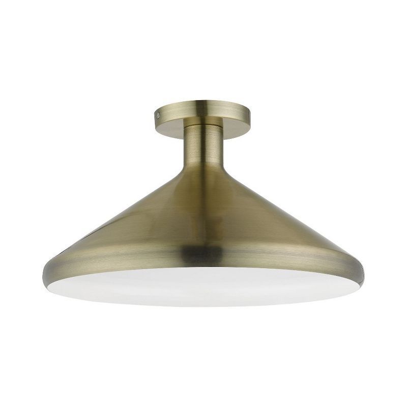 Antique Brass Cone Semi-Flush Mount Light with White Shade