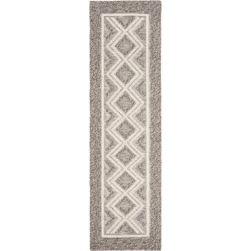 Ivory and Grey Handwoven Wool Geometric Runner Rug