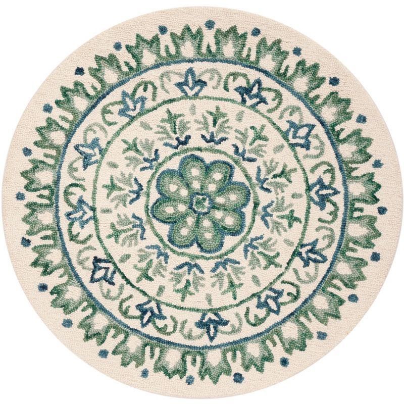Ivory and Teal 4' Round Hand-Tufted Wool Rug