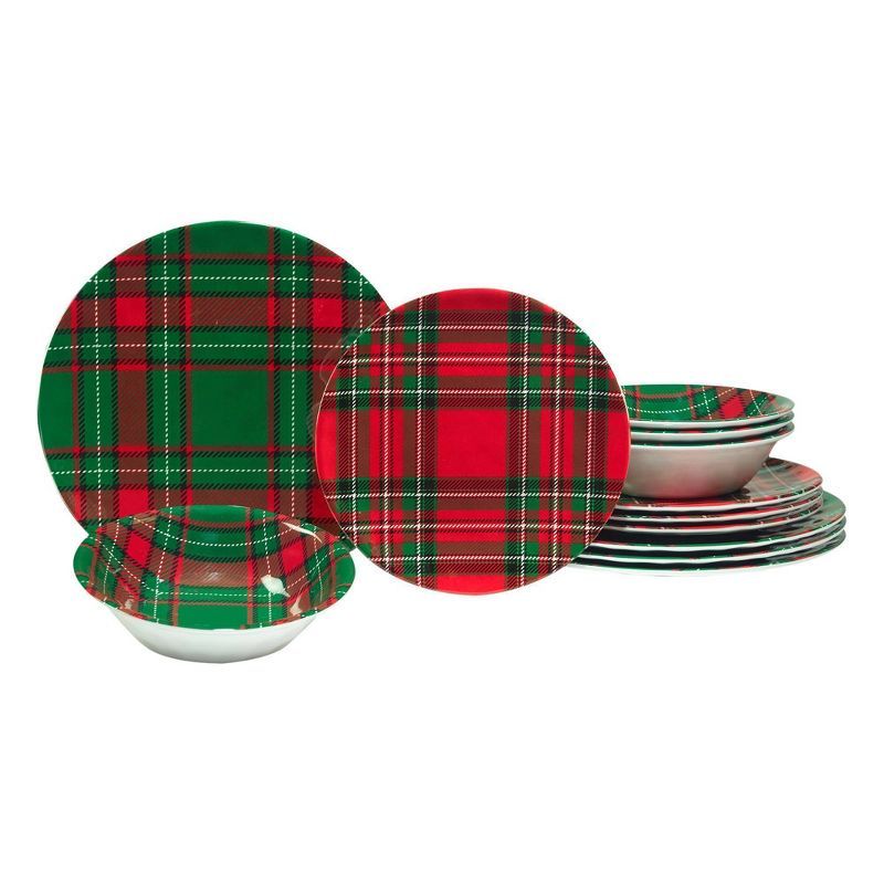 Christmas Plaid 12-Piece Melamine Dinnerware Set, Service for 4