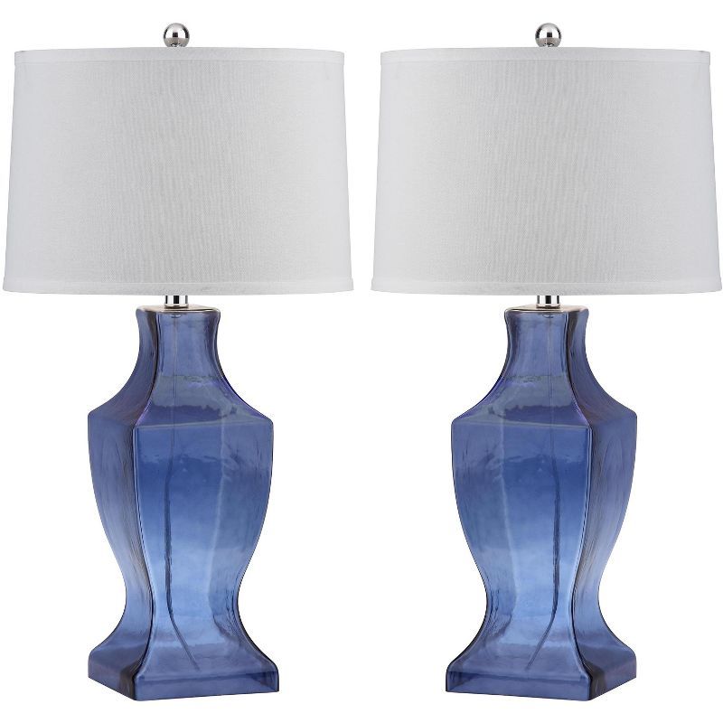 Elegant Blue Glass Urn Table Lamp Set with White Cotton Shade