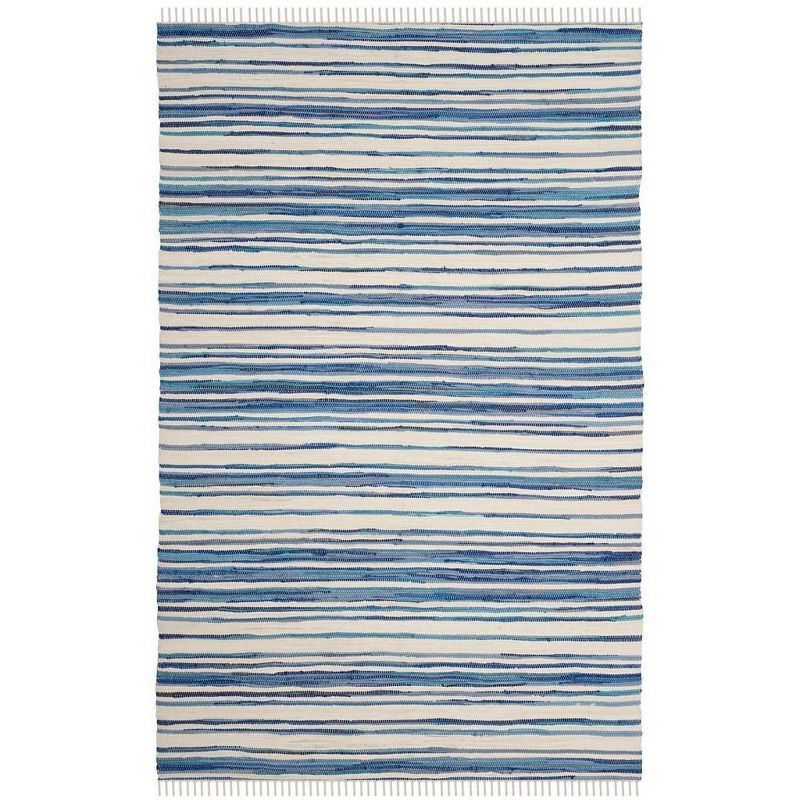 Ivory and Blue Handwoven Cotton Striped Area Rug