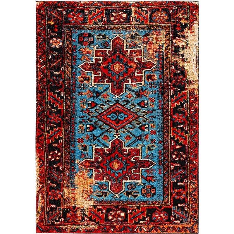 Red and Light Blue Oriental Synthetic Area Rug