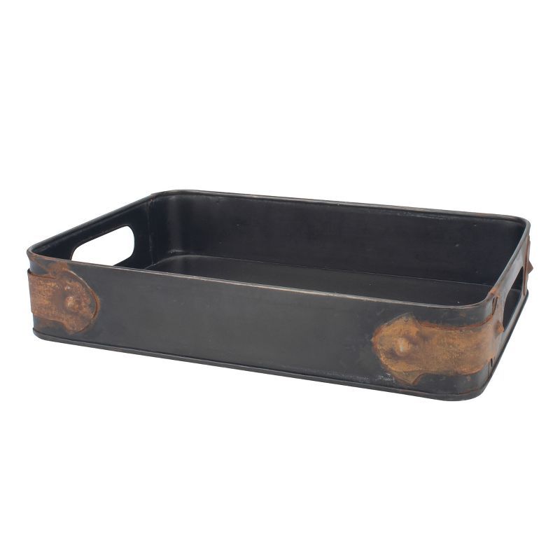 Industrial Slate Steel Serving Tray with Rust Trim and Cutout Handles