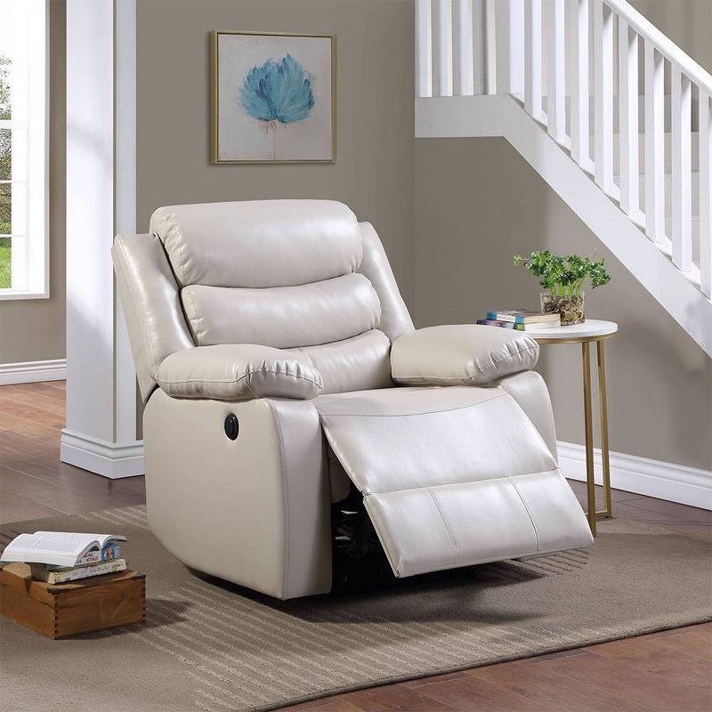 Eilbra Beige Faux Leather Power Recliner with Pillow Top Armrests