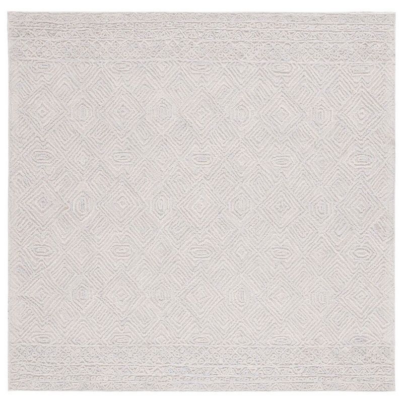 Grey and Ivory Geometric Wool Tufted Square Area Rug