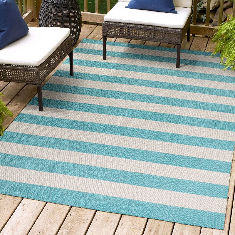 Aqua and Cream Striped Synthetic 4' x 6' Rug