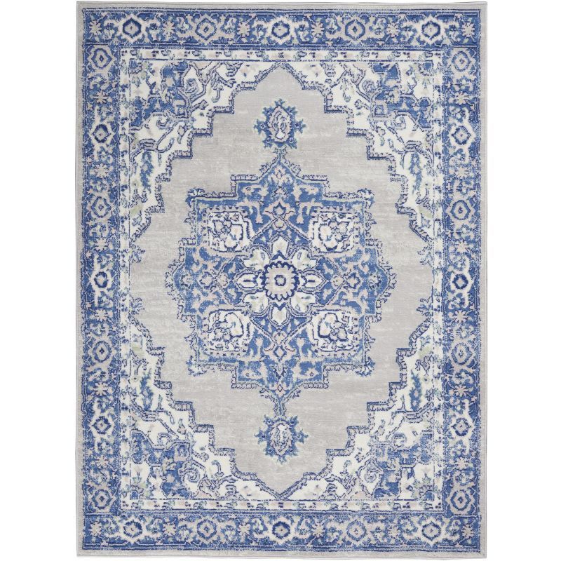 Grey Blue Floral Motif 6' x 9' Easy-Care Synthetic Area Rug