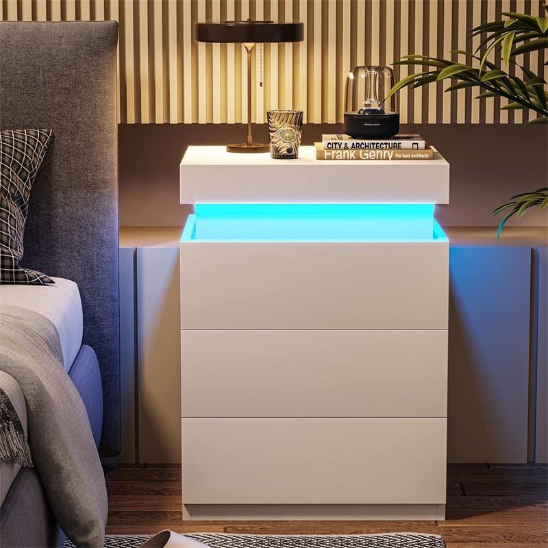 White Modern LED Nightstand with 3 Storage Drawers