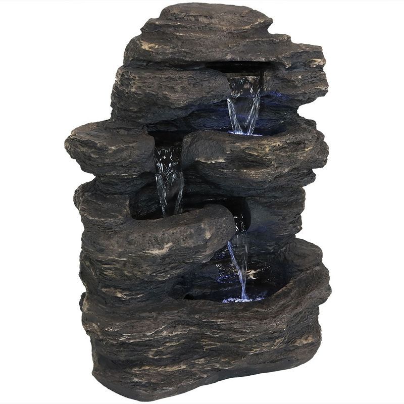 Gray Polystone Rocky Falls Outdoor Fountain with LED Lights