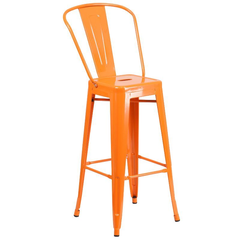 Bright Orange Metal 30" High Indoor-Outdoor Barstool with Slat Back