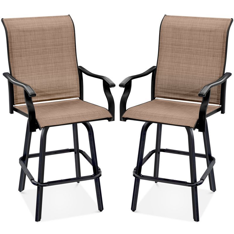 Tan Outdoor Swivel Bar Stools with Mesh and Steel Frame