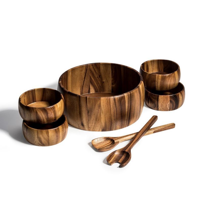 Extra Large Acacia Wood Salad Bowl Set with Servers and 4 Bowls