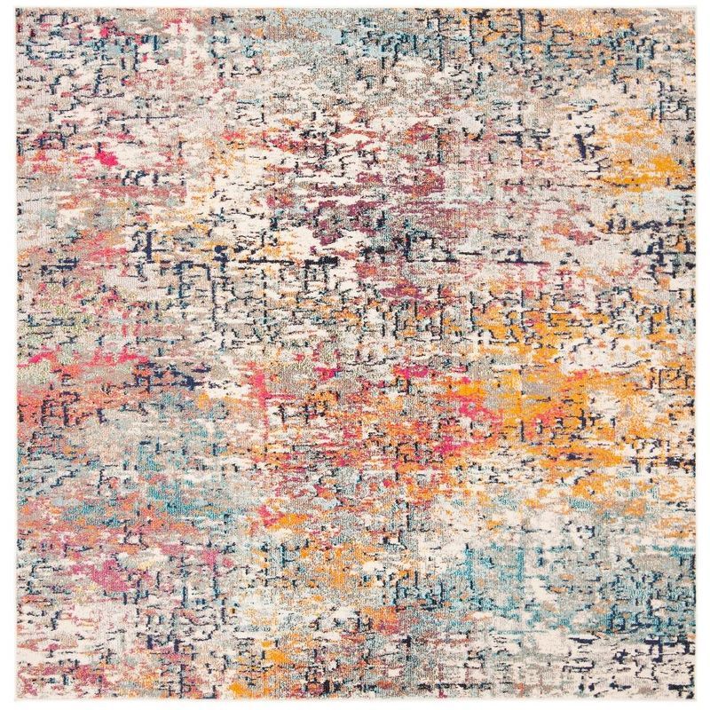 Grey and Pink Abstract Square Synthetic Area Rug