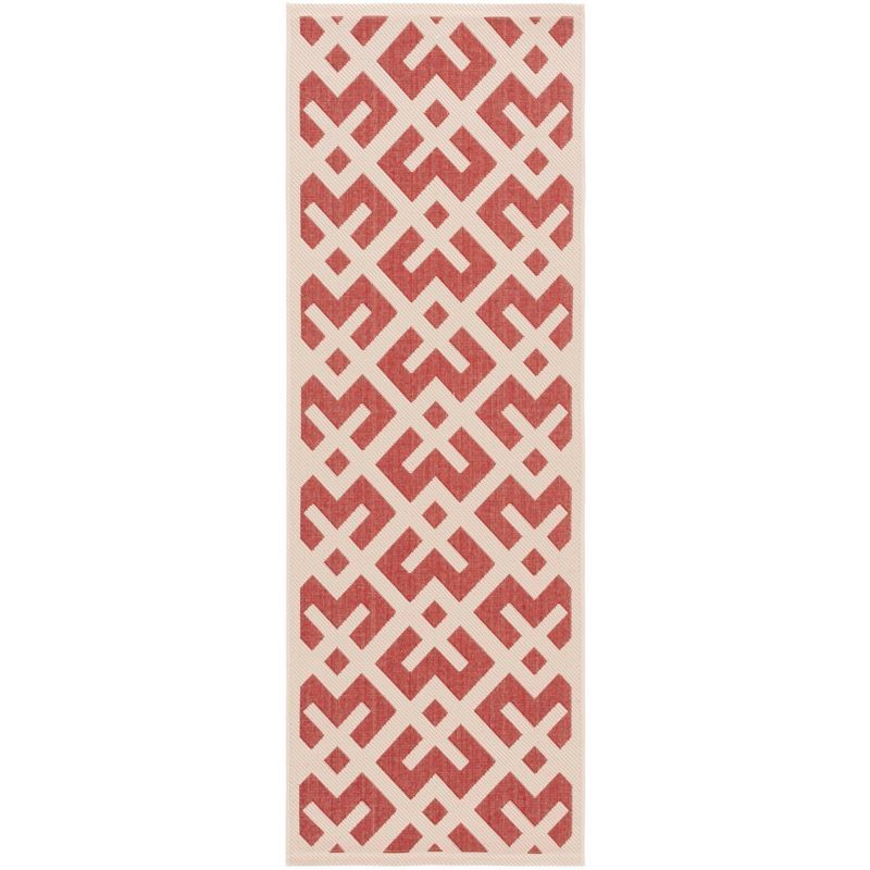 Red and Bone Geometric Synthetic Indoor/Outdoor Runner Rug