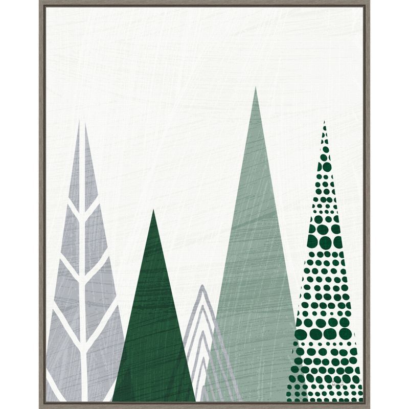 Geometric Evergreen Trees Green and Gray Canvas Framed Wall Art