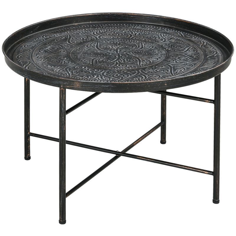 Pewter Round Metal Coffee Table with Hammered Tray Top