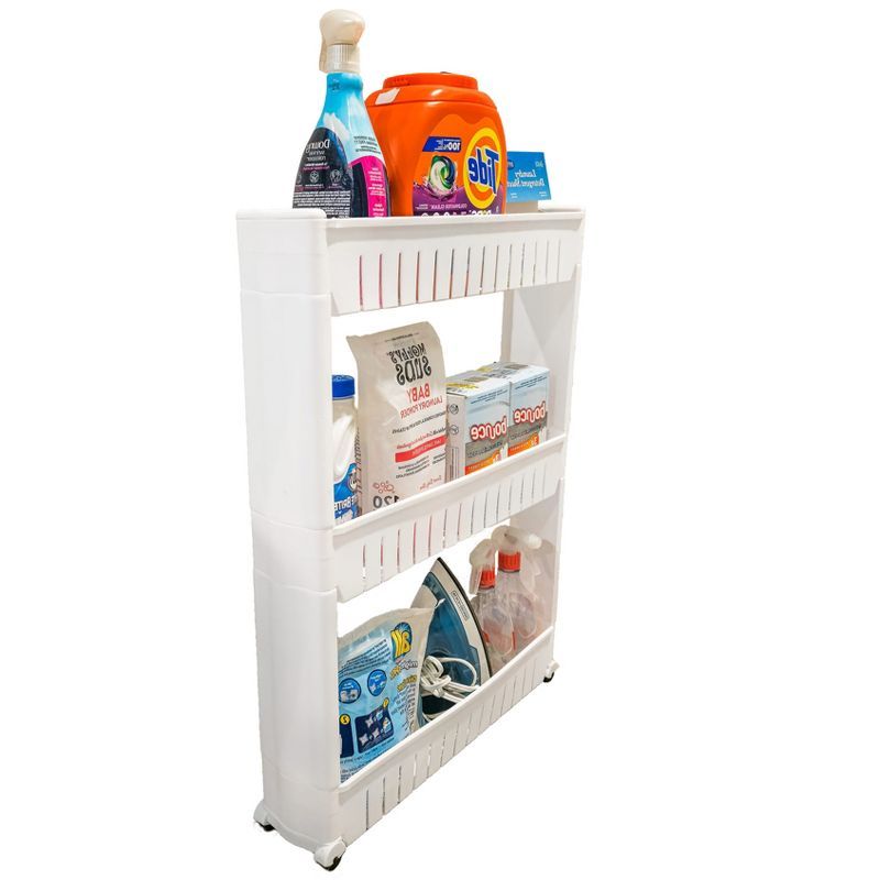 White Slim Rolling 3-Tier Storage Cart for Laundry and Bathroom