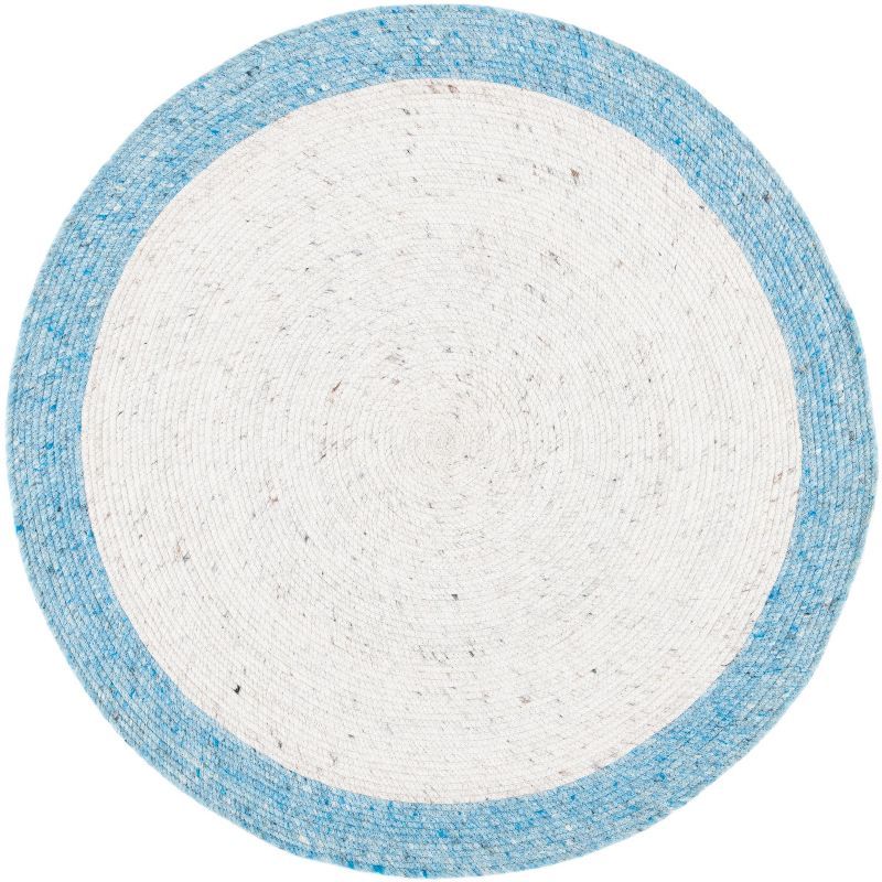 Ivory and Blue Round Braided Wool Area Rug