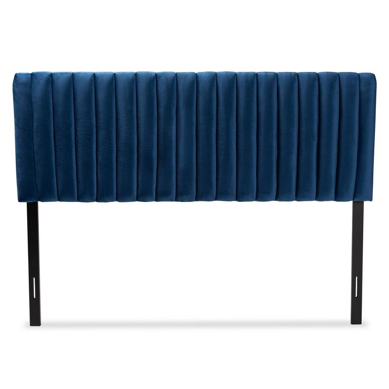 Emile Navy Blue Velvet and Dark Brown Wood Queen Headboard