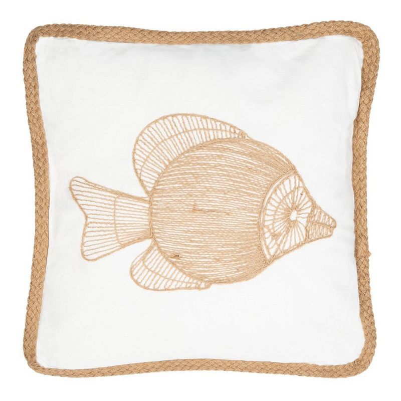 Nautical Embroidered Fish White Cotton Throw Pillow