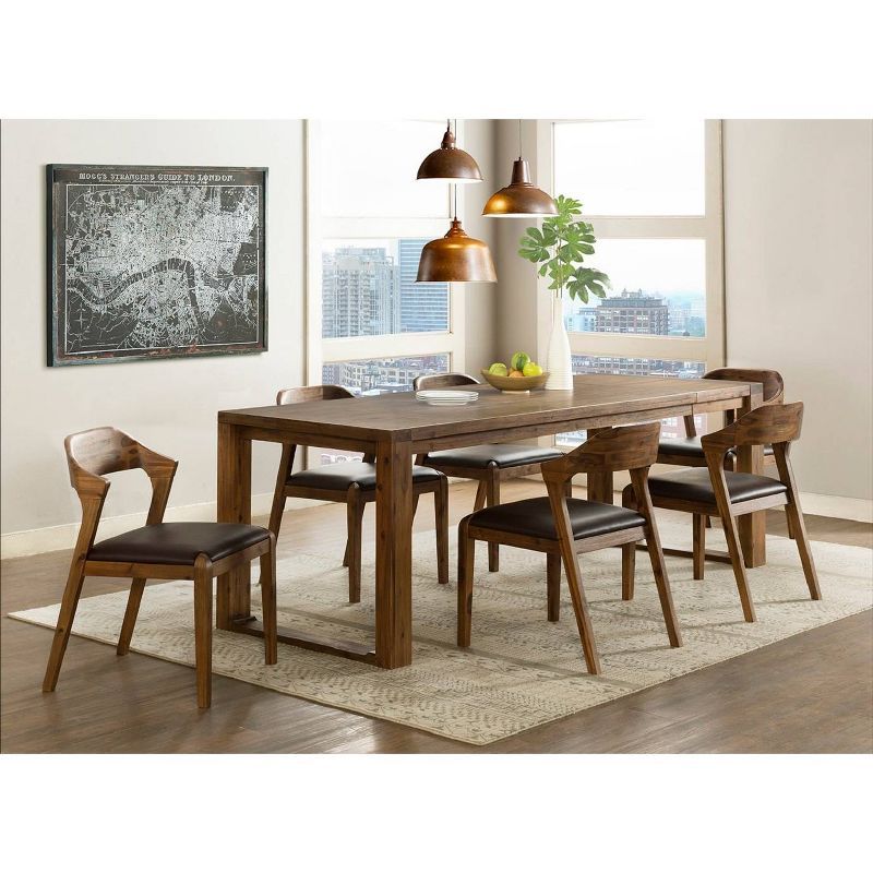 Chestnut Wire-Brush 7pc Acacia Wood Dining Set with Faux Leather Chairs