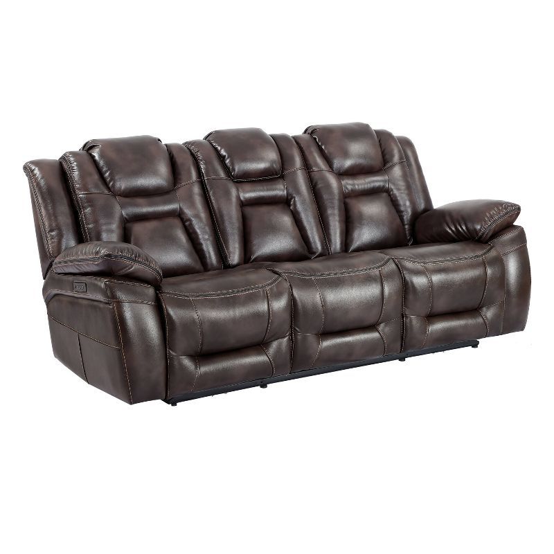 Oportuna Brown Faux Leather Power Reclining Sofa with Cup Holders