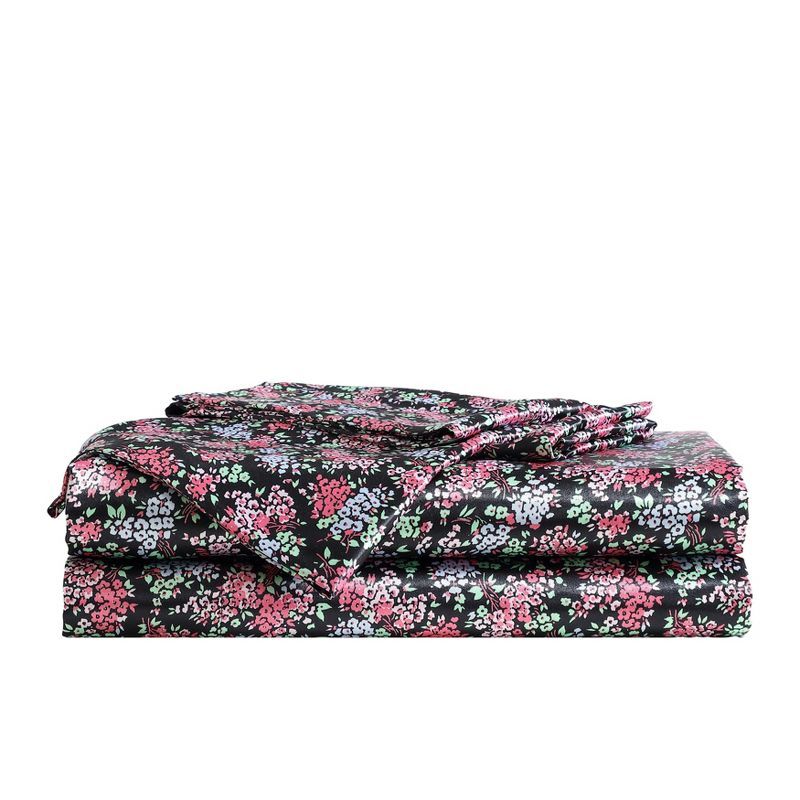 Confetti Floral Pink and Black Satin Queen Sheet Set