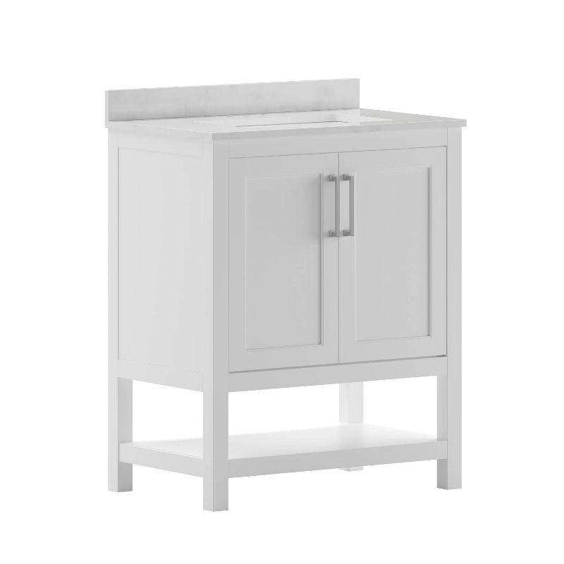 30" White Freestanding Bathroom Vanity with Carrara Marble Countertop