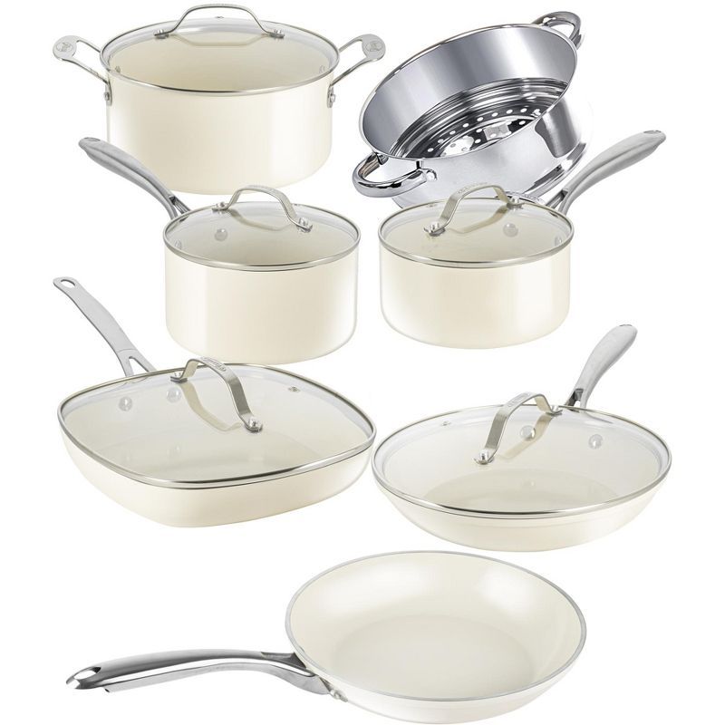 Cream 12-Piece Nonstick Aluminum and Stainless Steel Cookware Set