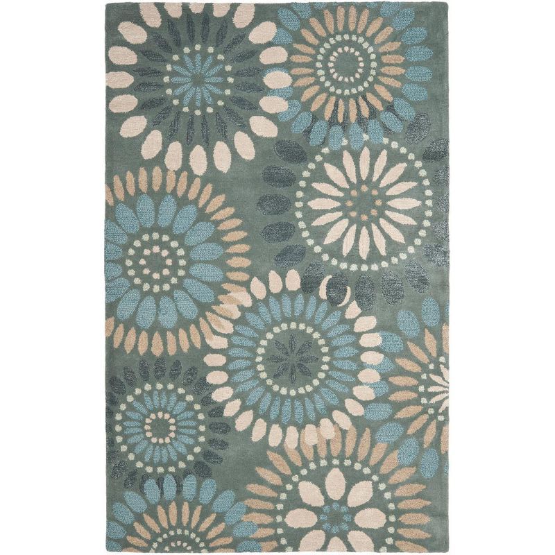 Gray and Blue Floral Hand-Tufted Wool Area Rug