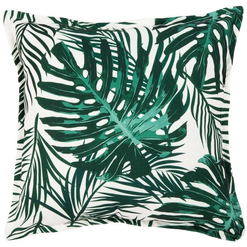 Green and White Tropical Palm Leaf Square Pillow