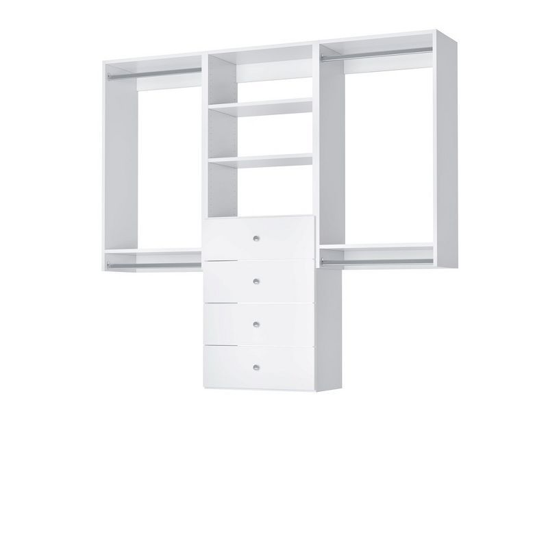 White Modular Closet System with Shelves, Drawers, and Hanging Rods