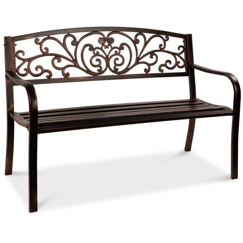 Bronze Floral Design Outdoor Steel Bench with Slatted Seat