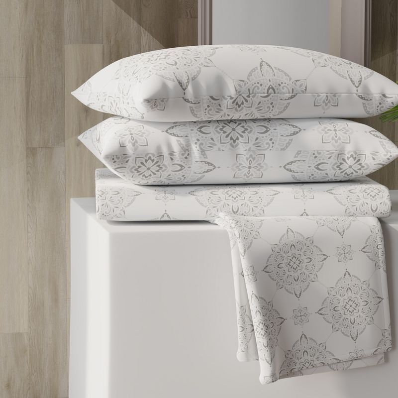 Twin XL Damask Grey Cotton Blend Percale Sheet Set