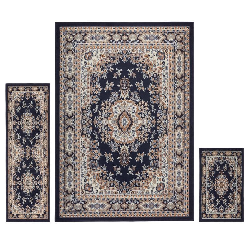 Premium Sakarya Navy Blue and Brown Synthetic Rectangular Area Rug