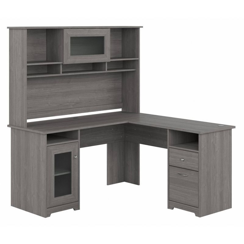Modern Gray L-Shaped Wood Desk with Hutch and USB Hub