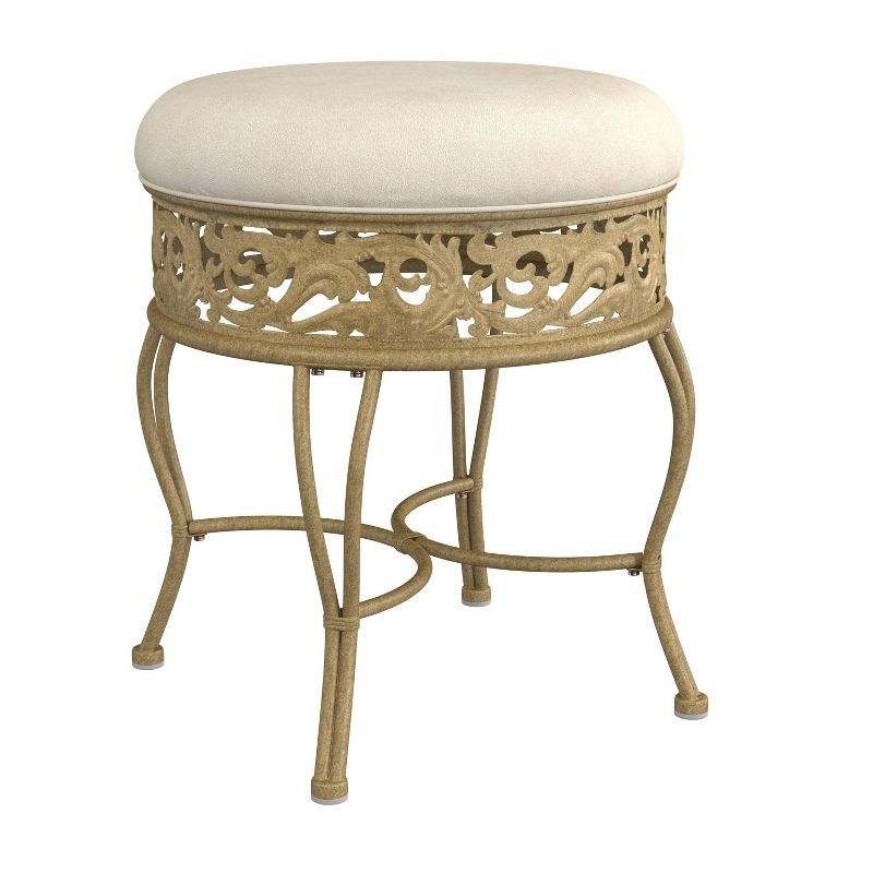 Antique Beige Metal Vanity Stool with Suede Upholstery