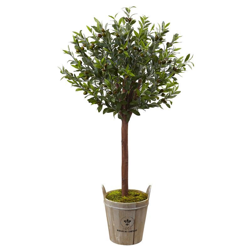 Elegant 4.5' Silk Olive Topiary Tree in Farmhouse Barrel Planter