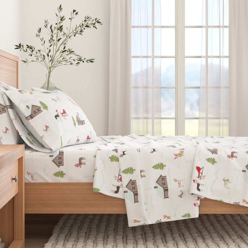 Queen White Cotton Flannel Winter Pups Sheet Set